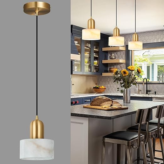 Marble Cylinder Pendant Light – Brass & Stone Shade