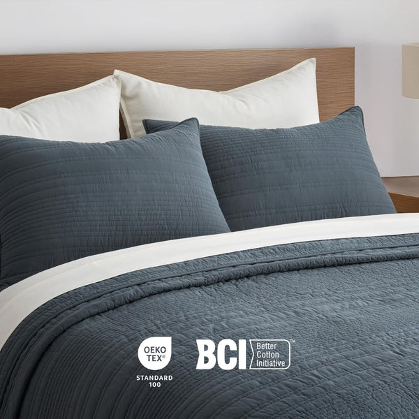 Cotton Quilt Set with Pillow Shams – Modern Stripe Coverlet