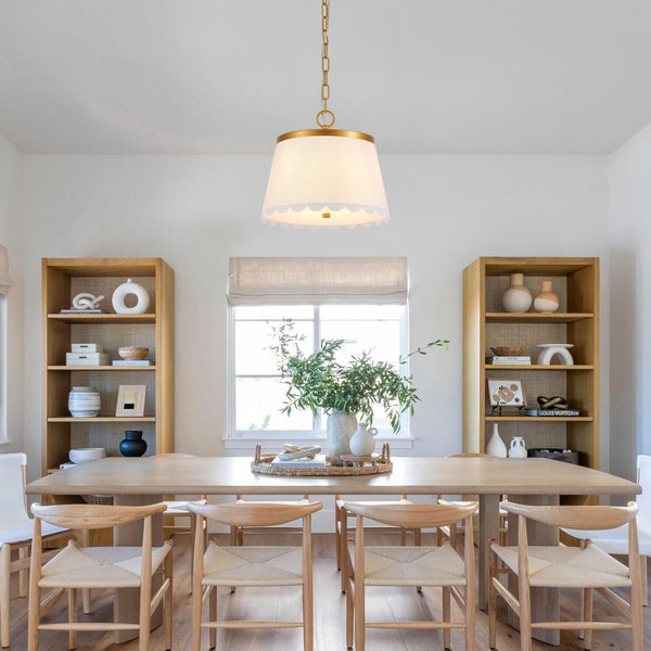 Cream White Fabric Drum Pendant Light – 3-Light Chandelier with Antique Brass Finish