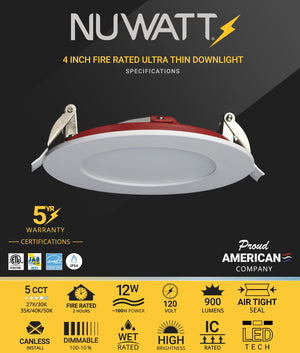 4 Inch Fire Rated LED Recessed Light – 12 Pack, 5 CCT Selectable, Dimmable, Canless Wafer Downlight