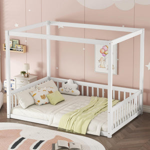 Full Size Kids Canopy Floor Bed Frame with Guardrails