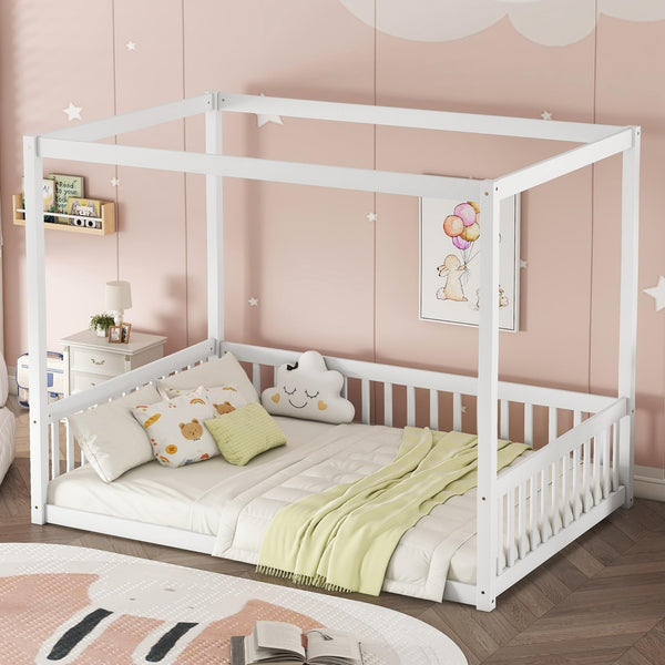 Full Size Kids Canopy Floor Bed Frame with Guardrails