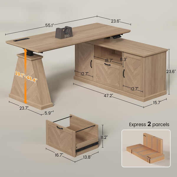 L-Shaped Electric Standing Desk with Storage & Power Outlets