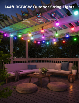 Smart Outdoor String Lights RGBICW LED Bulbs – App & Voice Control
