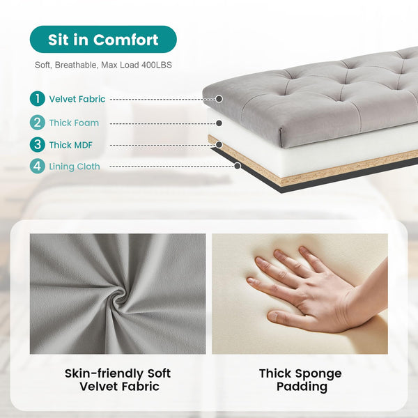 Velvet Storage Ottoman Bench with Side Pockets
