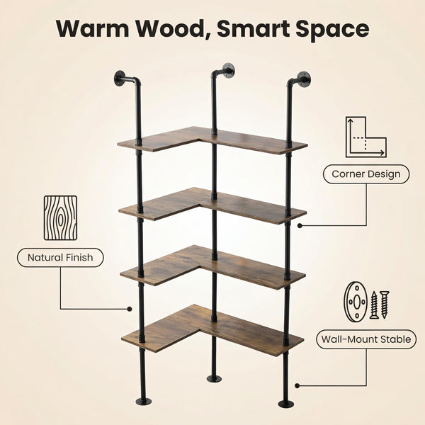 Industrial Pipe Corner Bookshelf – 4 Tier L-Shaped