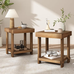 Solid Wood End Table Set of 2 with 2-Tier Storage