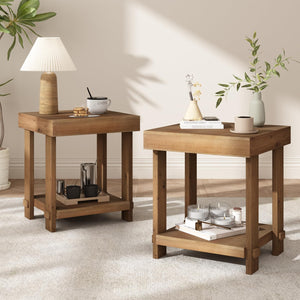 Solid Wood End Table Set of 2 with 2-Tier Storage