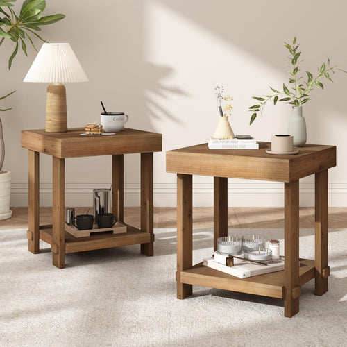 Solid Wood End Table Set of 2 with 2-Tier Storage