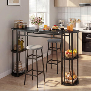 Bar Table Set for 2 with Storage Shelves & Barstools