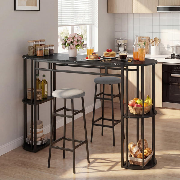 Bar Table Set for 2 with Storage Shelves & Barstools