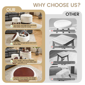 Round Storage Ottoman Set of 2 with Removable Lid & Small Stool