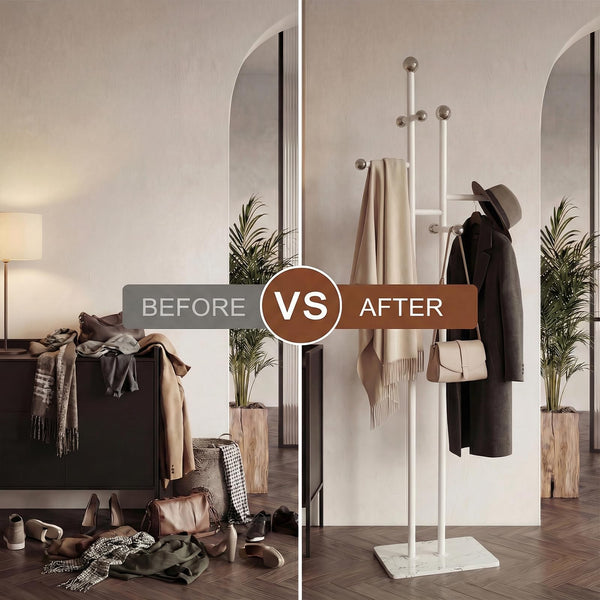 Freestanding Coat Rack with Marble Base & 14 Hooks