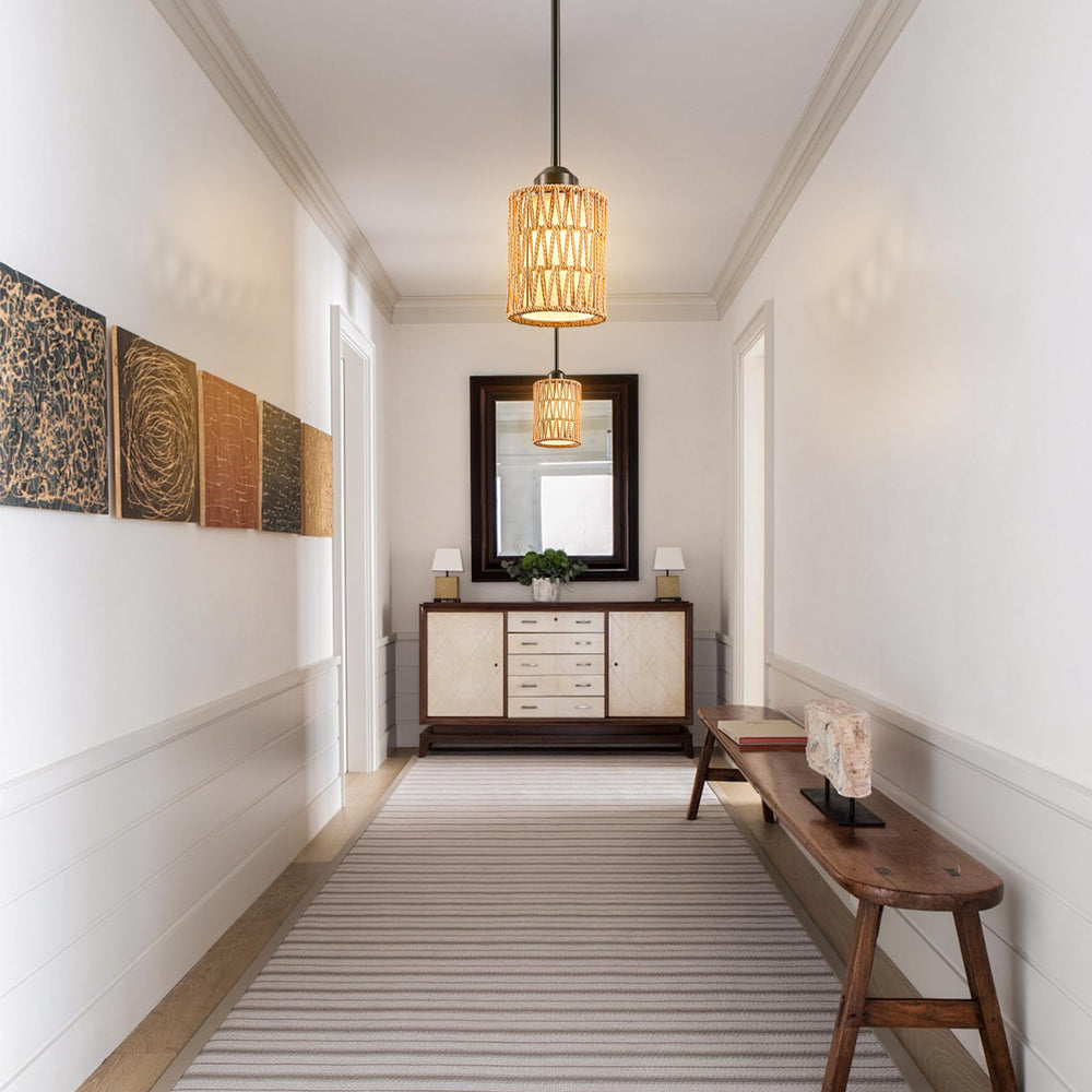 Rattan Boho Pendant Light with Linen Shade & Iron Rods | Adjustable Height