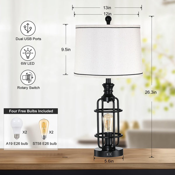 Farmhouse Table Lamp Set of 2 with USB Charging Ports & Rotary Switch
