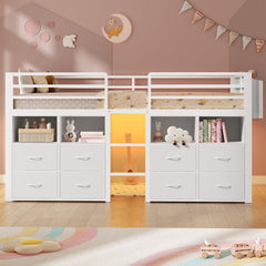Low Loft Bed Twin with Storage Drawers, Bookcase & LED Lights