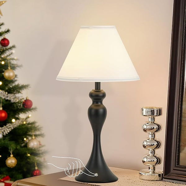 Table Lamp for Bedroom, Cordless Bedside Lamps for Living Room, Touch 3-Way Dimmable Desk Lamp for Night Stands, Rechargeable, Battery Operated Lamp with Fabric Shade for Dorm, Home Office (Nickel)