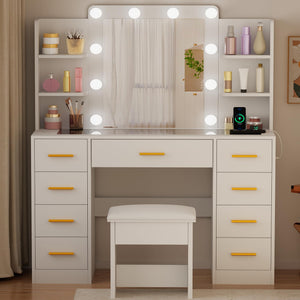 Makeup Vanity Desk with Mirror, Lights & 9 Drawers