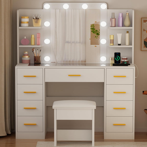 Makeup Vanity Desk with Mirror, Lights & Storage, White