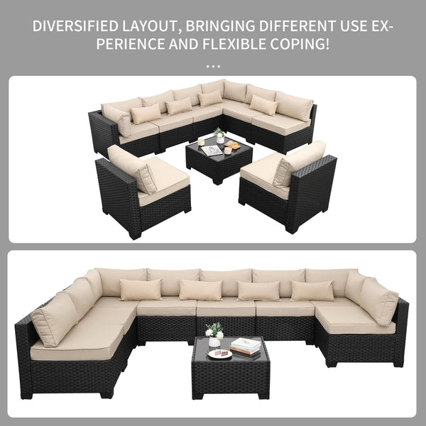 9-Piece Outdoor Wicker Sectional Patio Furniture Set with Glass Table & Cushions