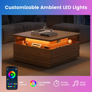 Square Fluted Coffee Table with LED Lights and Storage