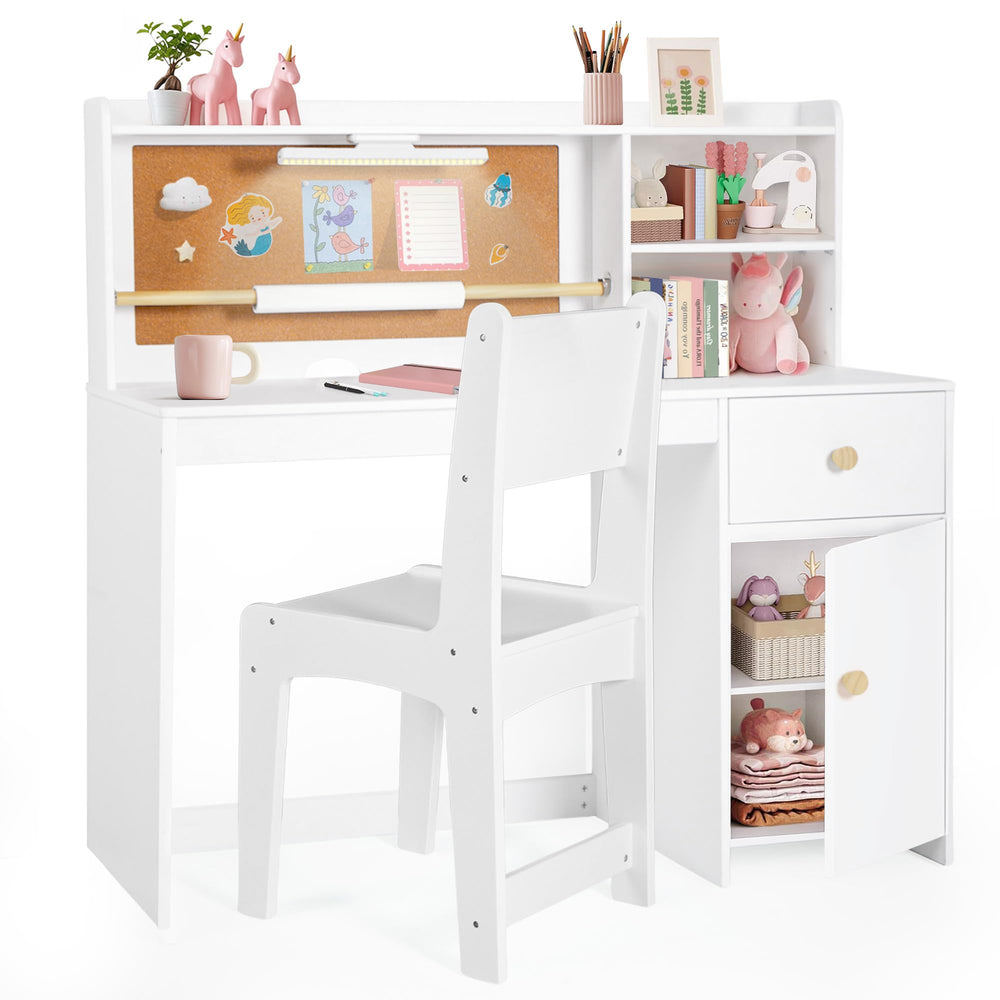 Kids Study Desk and Chair Set with Hutch, Storage Cabinet & Night Light