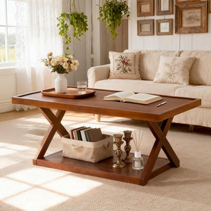 Solid Oak 2-Tier Coffee Table with X-Shaped Base