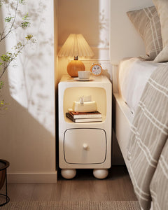 Solid Wood Narrow Nightstand with Drawer & USB Night Light