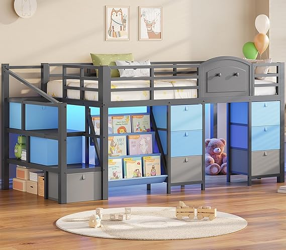 Twin Low Loft Bed with Storage Drawers, Bookcase & LED Lights