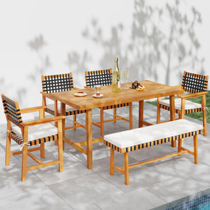 6-Piece Acacia Wood Outdoor Dining Set with Umbrella Hole, Bench & 4 Cushioned Armchairs