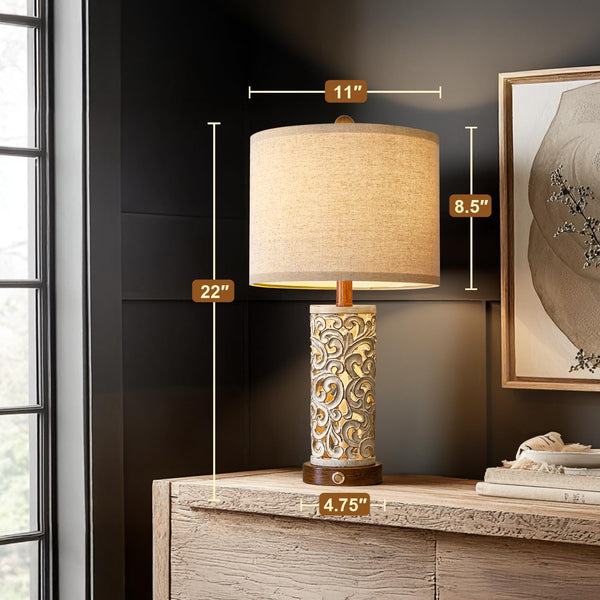 22" Dual Light Table Lamps Set of 2 with USB Charging & Touch Dimmer