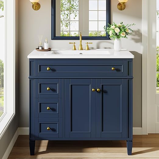 36-Inch Bathroom Vanity with Sink, 4 Drawers & 2 Doors, Solid Wood Frame