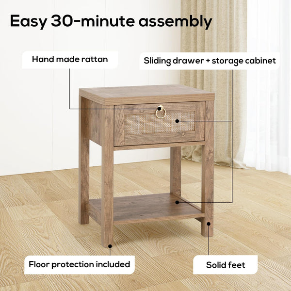Rattan Farmhouse Nightstand Set of 2 with Drawer and Open Shelf