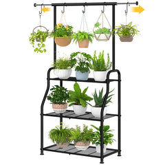 3-Tier Metal Plant Stand with Expandable Hanging Rod
