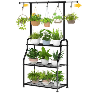 3-Tier Metal Plant Stand with Expandable Hanging Rod