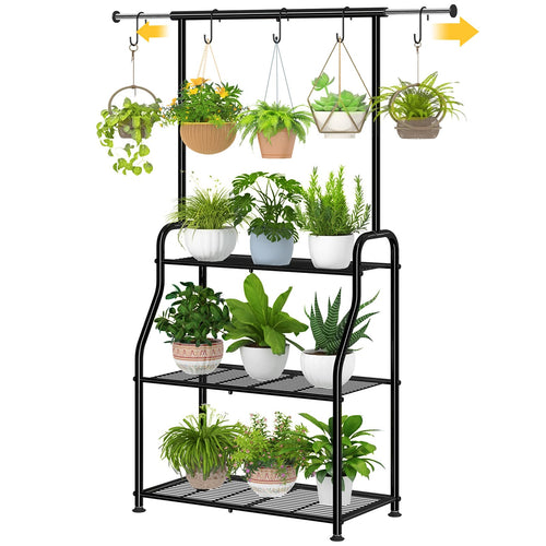 3-Tier Metal Plant Stand with Expandable Hanging Rod