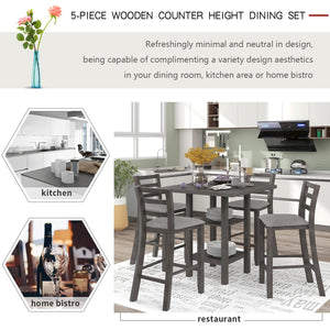 5-Piece Counter Height Dining Set with Storage Shelves and Padded Chairs