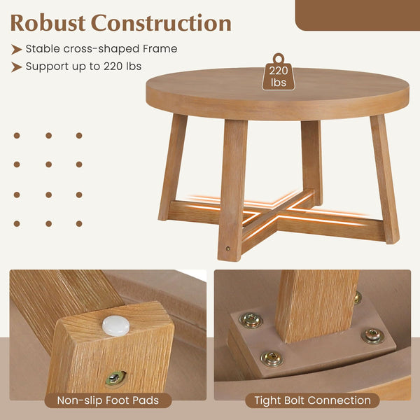 Round Wood Coffee Table 30 Inch – Pine Frame, Natural Finish
