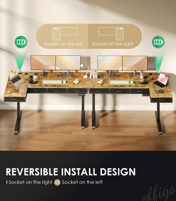L-Shaped Electric Standing Desk with Drawers & Power Outlets