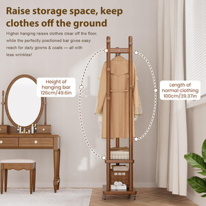 Solid Wood Coat Rack with Wheels, Storage Shelves & Hooks