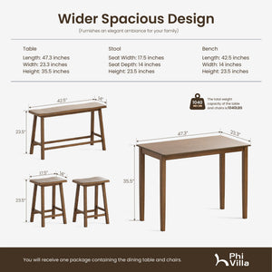 Counter Height Dining Table Set for 4 with Bench and Bar Stools – Solid Wood Farmhouse Kitchen Table