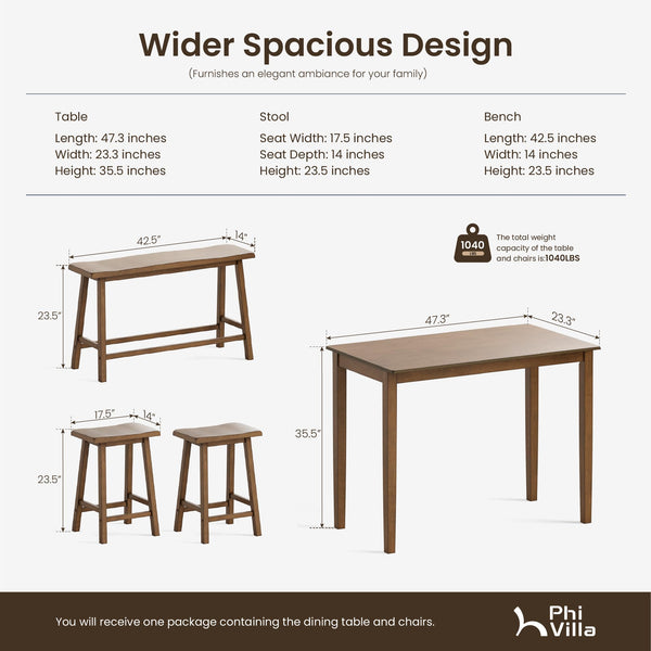Counter Height Dining Table Set for 4 with Bench and Bar Stools – Solid Wood Farmhouse Kitchen Table