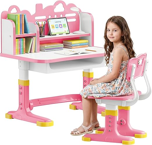 Height Adjustable Kids Desk and Chair Set with Storage
