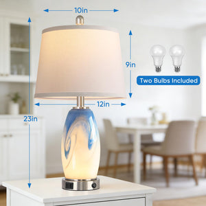 Coastal Glass Table Lamp Set of 2 – 7 Lighting Modes, USB Charging, LED Bulbs Included