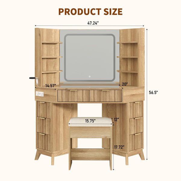 Corner Vanity Desk with Mirror, Lights & 8 Drawers