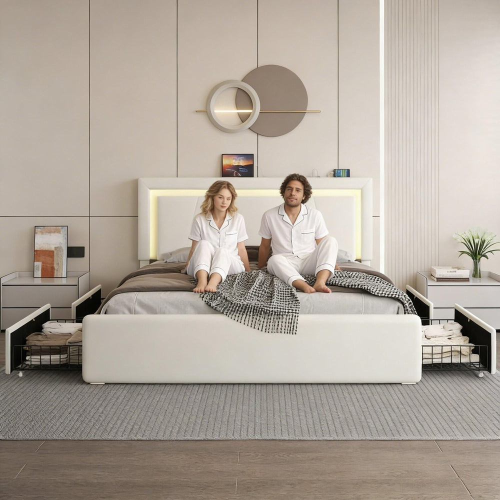 Upholstered Platform Bed Frame with LED Headboard, Storage Drawers & Charging Station