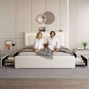 Upholstered Platform Bed Frame with LED Headboard, Storage Drawers & Charging Station