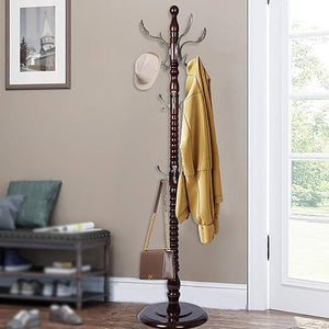 Wooden Coat Rack Stand with 14 Hooks, Adjustable Height