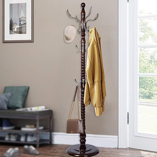 Wooden Coat Rack Stand with 14 Hooks, Adjustable Height