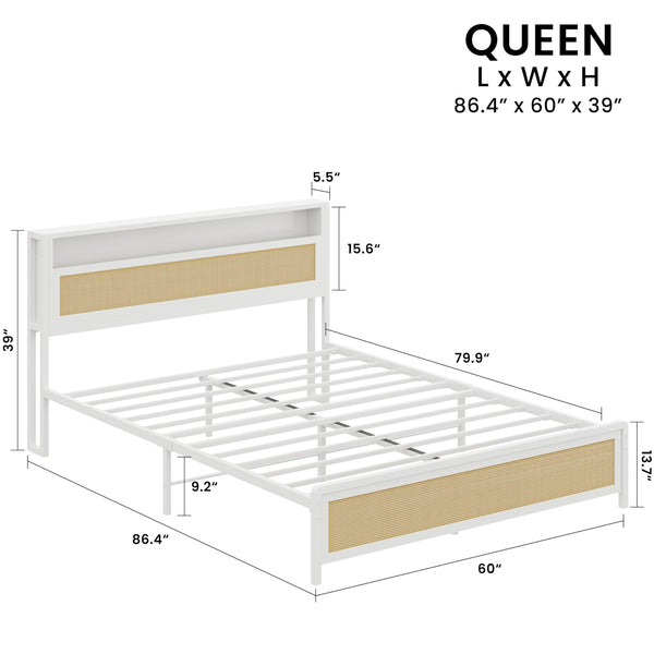 Rattan Queen Bed Frame with Storage Headboard